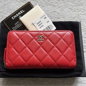 Chanel CC Quilted Caviar Red Wallet small zip around